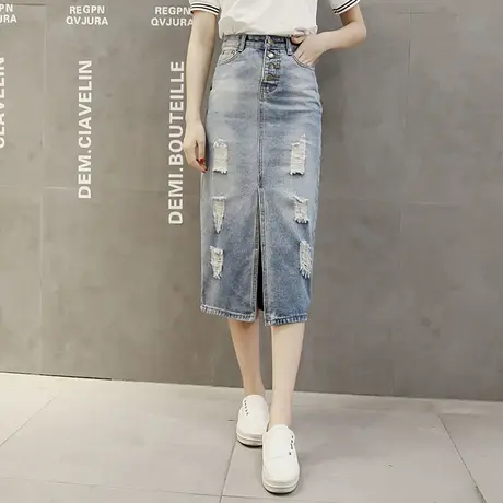 牛仔裙半身裙女时尚春夏新款包臀一步裙复古高腰浅色破洞开叉中长图片