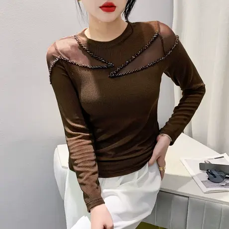 欧货网纱打底衫女长袖2023秋季新款性感镂空上衣别致洋气钉珠T恤商品大图