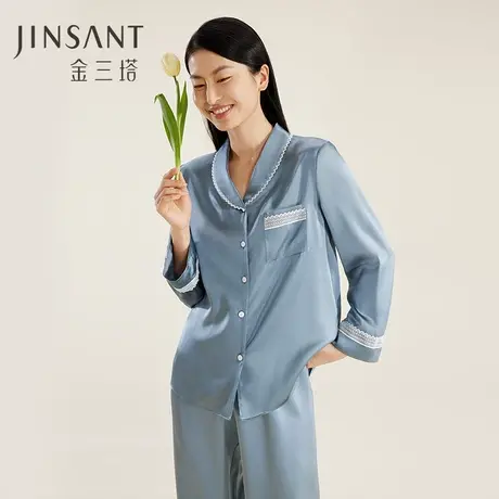 礼物】重磅真丝睡衣女100%桑蚕丝春夏丝绸舒适家居服套装金三塔图片