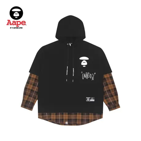 Aape旗舰店男装秋冬印花格纹衬衫拼接加绒假两件卫衣3848XXH商品大图