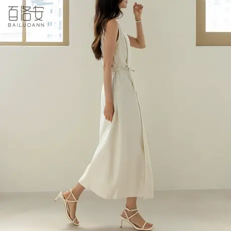 百洛安气质轻熟风无袖连衣裙女夏新款一字领宽松系带背心裙长裙子图片