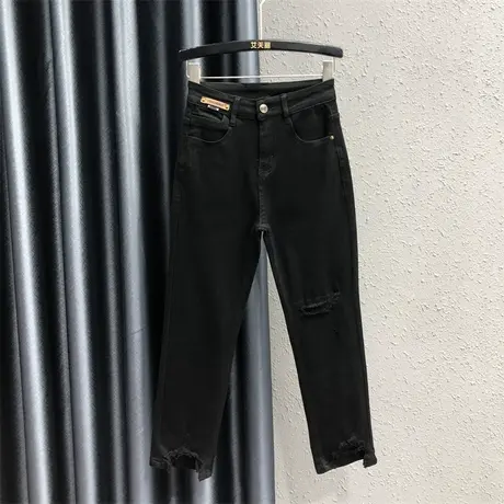 欧货休闲高腰百搭烟管裤女2023秋季新款显瘦韩版破洞牛仔直筒裤潮图片