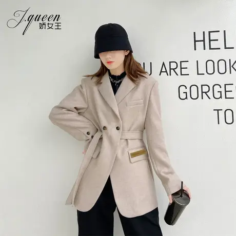 毛呢西装外套女冬季新款休闲百搭绑带收腰显瘦中长款洋气呢子大衣商品大图
