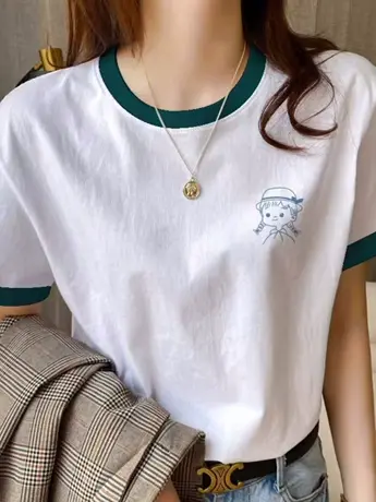 宽松大版白色仿棉短袖t恤女夏季中长款老虎拼接半袖体恤正肩上衣商品大图