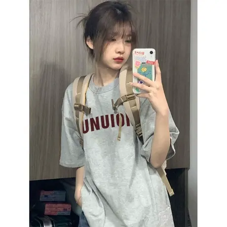 字母印花灰色短袖t恤女夏美式高街hiphop宽松复古小众设计感上衣图片