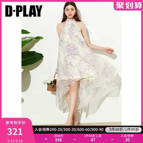DPLAY2023年夏氛围感紫调晕染花卉挂脖飘带仙女裙无袖连衣裙图片