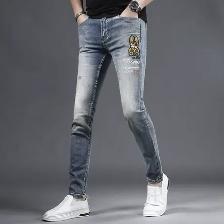 香港高端刺绣牛仔裤男款修身小脚复古水洗潮牌个性男士裤子绣花商品大图