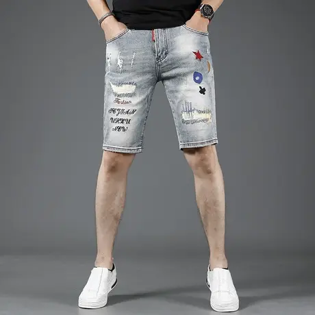 浅蓝色破洞牛仔短裤男2023新款夏季潮牌刺绣五分裤薄款修身中裤男商品大图