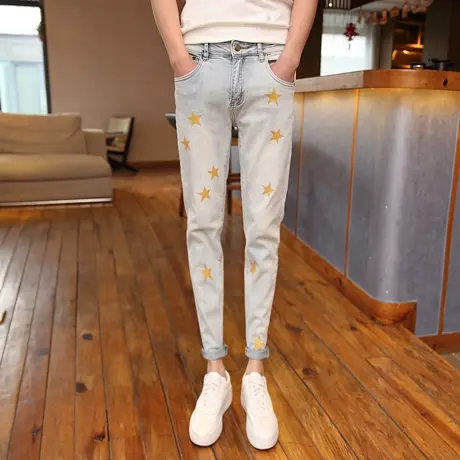 2023春夏新款个性5角星烫金牛仔裤韩版修身小脚牛仔裤浅色长裤潮商品大图