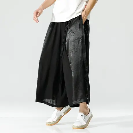 夏季暗黑系阔腿裤男宽松八分裤中国风胖子直筒亚麻裤新中式男装潮图片