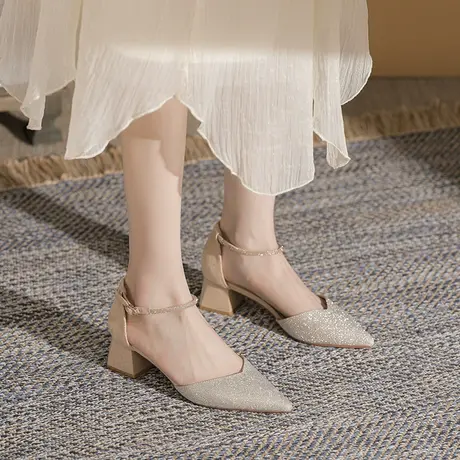 2023年凉鞋女夏季仙女风法式鞋子一字带高跟鞋粗跟通勤单鞋中空鞋商品大图