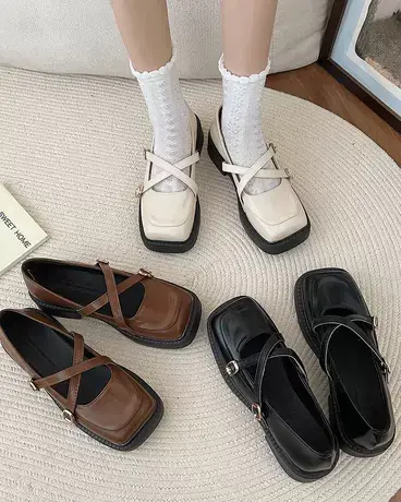 方头玛丽珍女鞋2023新款秋季法式厚底乐福鞋百搭单鞋英伦风小皮鞋商品大图