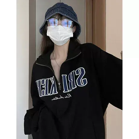大码胖mm美式复古设计感半拉链卫衣女装春秋季宽松刺绣外套200斤商品大图