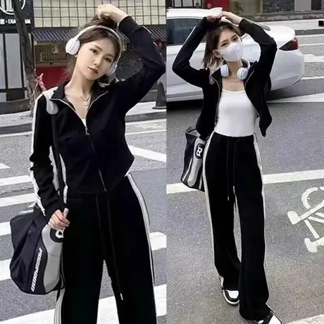 春秋季大码胖mm运动女套装开衫韩版显瘦卫衣休闲长裤两件套200斤商品大图