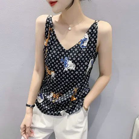 欧货印花吊带背心女内搭性感V领洋气个性小衫设计感别致上衣无袖商品大图
