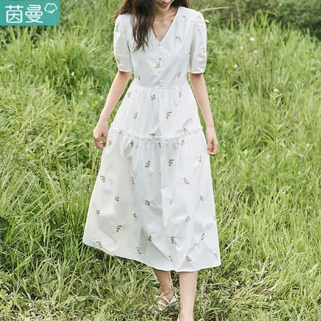 茵曼法式桔梗连衣裙女装2023年夏季新款V领泡泡袖纯棉显瘦长裙子商品大图