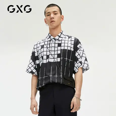 GXG男装 夏季时尚休闲舒适青年黑白格纹短袖衬衫GC123689E商品大图