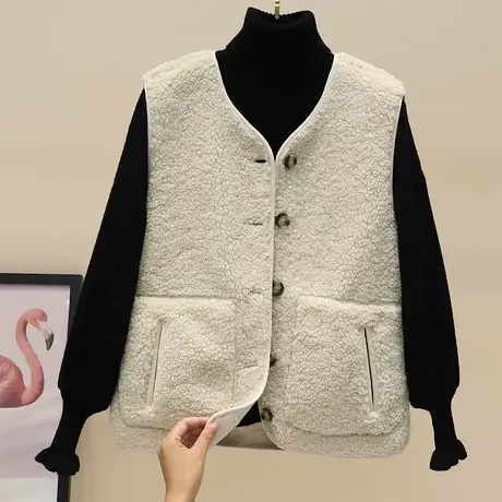 羊羔毛马甲女短款2023秋冬新款韩版皮毛一体马夹毛绒坎肩背心外套商品大图