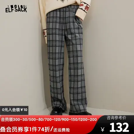 妖精的口袋灰色针织格子阔腿裤女2022秋冬季息款宽松直筒休闲裤子图片