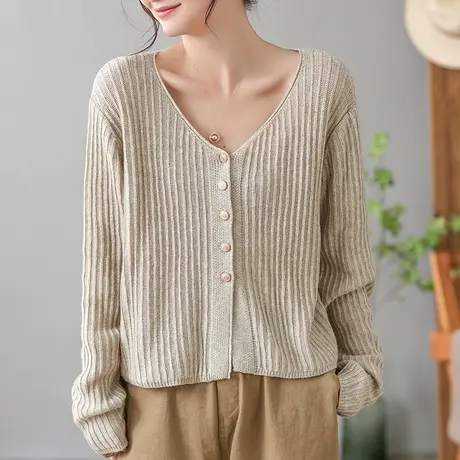 dza 复古短款V领针织外套女士春秋新款宽松毛衣开衫休闲长袖上衣图片