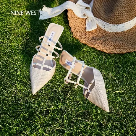 【商场同款】Nine West/玖熙时装凉鞋女夏尖头细跟气质铆钉高跟鞋图片