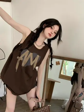 纯棉吊带背心无袖t恤女2024新款夏季外穿篮球服宽松港风挂脖上衣图片