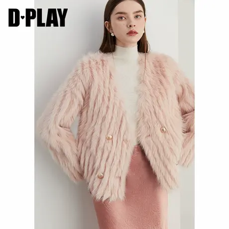 DPLAY2025春季新款法式粉色V领仿皮毛双排金属扣长袖短款外套女图片