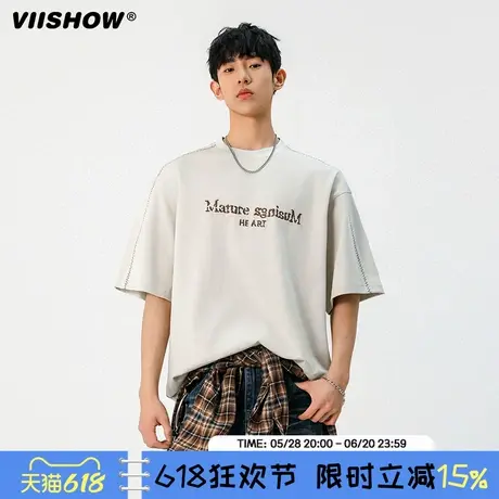 VIISHOW美式重磅短袖t恤男夏季青少年美式字母刺绣高街痞帅体恤衫商品大图