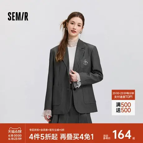 森马外套女中长款刺绣学院风2025春新款盐系宽松灰色休闲西服高街商品大图