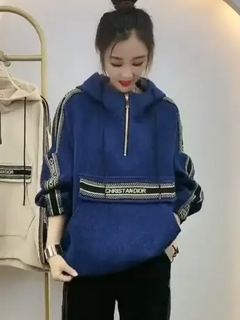 欧洲站毛呢卫衣女2023秋冬新款加厚小众宽松中长款套头连帽上衣潮商品大图