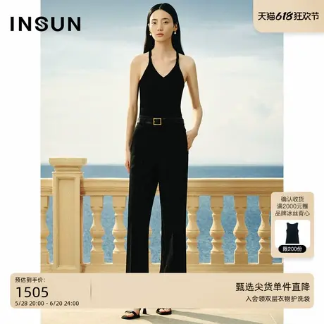 INSUN恩裳夏季三醋酸黑色垂感直筒西装裤图片