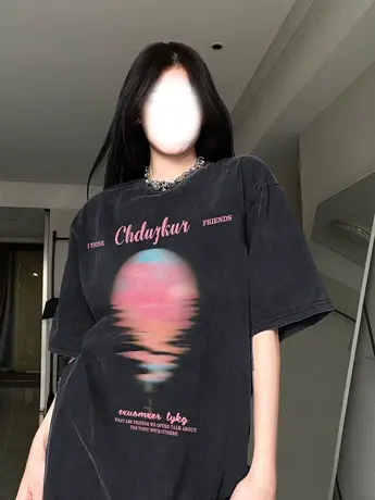 欧货大码胖mm短袖t恤女oversize宽松水洗做旧高级感ins潮牌上衣夏商品大图