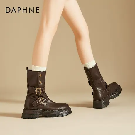 达芙妮棕色靴子女短靴马丁靴2026新款秋冬季加绒美拉德骑士中筒靴商品大图