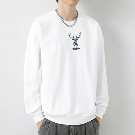 380g重磅白色卫衣男生纯棉圆领上衣服宽松潮流鹿头摇粒绒无帽长袖商品大图