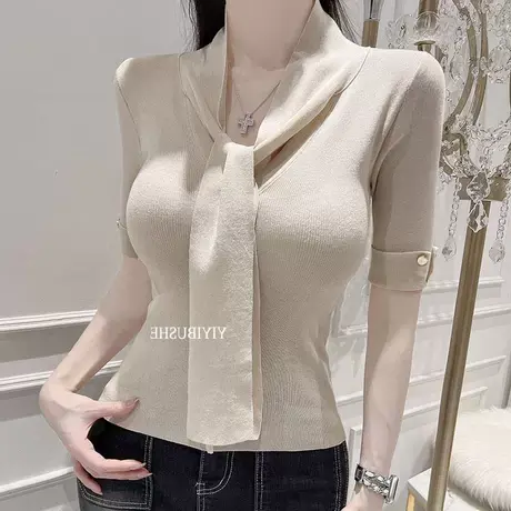 OnoevZJ620职场女人味~御姐范领带显腰细短袖薄针织T恤ue商品大图