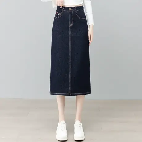 拉夏贝尔牛仔半身裙女2025秋季新款高腰后开叉直筒中长款包臀裙子商品大图