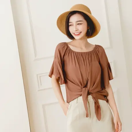 桔熊夏季韩版慵懒温柔纯色荷叶袖收腰绑结遮肉上衣女大码AB17253商品大图