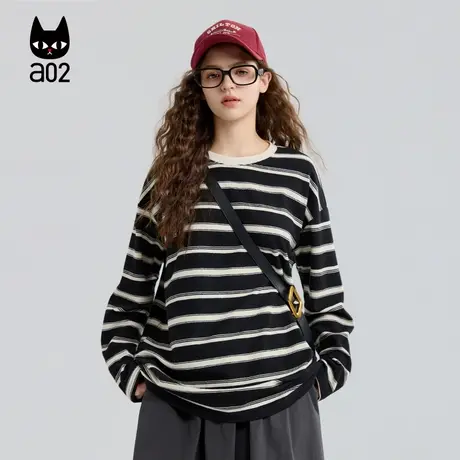 a02宽松条纹长袖T恤女2025新款秋季慵懒松弛感打底衫上衣通勤穿搭商品大图