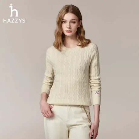 Hazzys哈吉斯针织衫女秋季圆领绞花纯色套头羊毛衫休闲长袖上衣商品大图