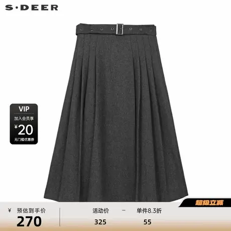 sdeer圣迪奥女装复古高腰系带百褶毛呢A字伞裙S234Z1104图片