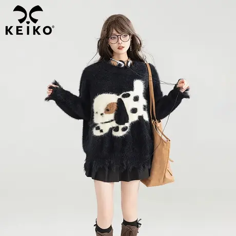 KEIKO [仿貂绒] 可爱小狗提花毛绒感毛衣秋冬软糯保暖加厚针织衫商品大图