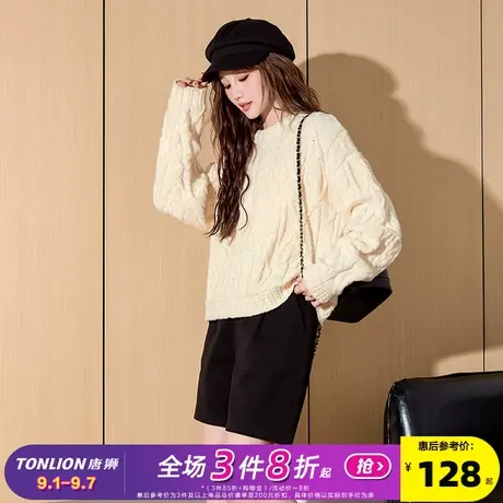 唐狮2024秋季新款短款圆领麻花毛衣女慵懒风绞花毛线衫冬季穿商品大图