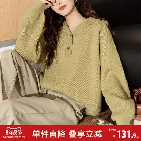 唐狮秋冬简约半开襟连帽套头针织衫女春秋百搭毛衣女小个子潮商品大图