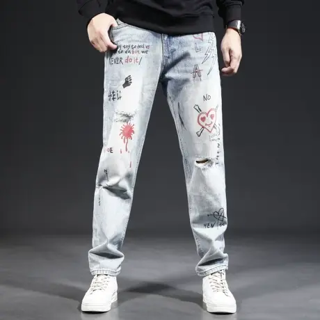 美式潮牌破洞牛仔裤男宽松直筒2023新款秋季潮流印花泼墨个性男裤图片