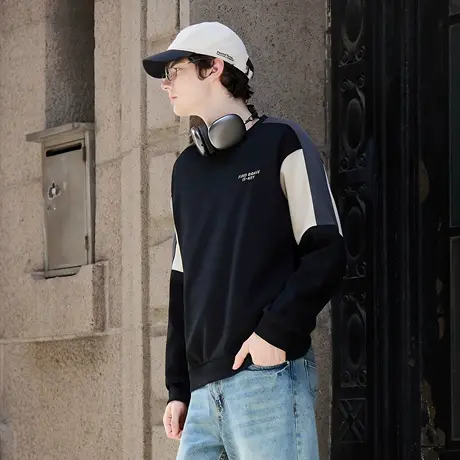 唐狮春秋季男圆领卫衣袖子拼接款运动风少年感百搭设计时尚TMTA图片