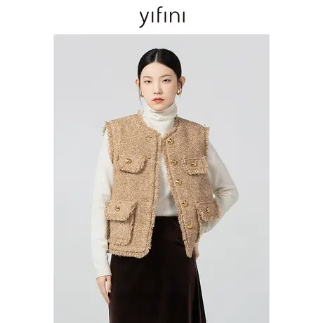 Yifini/易菲美拉德小香风气质百搭宽松马甲女秋冬新短款马夹外套商品大图