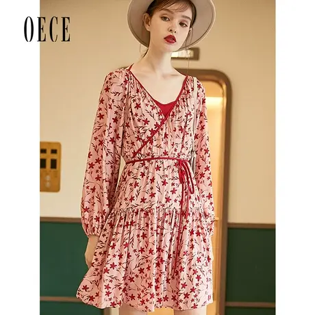 Oece春装新款女装 甜心复古印花V领叠襟收腰系带长袖连衣裙图片