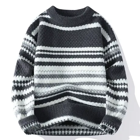 撞色条纹毛衣男冬季软糯针织衫男内搭打底衫青少年加厚保暖毛线衣商品大图