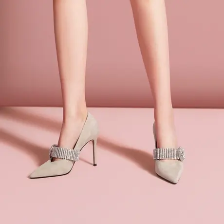 熙漫2023春季新款单鞋羊猄水钻一字带细跟高跟鞋纯色气质优雅女鞋商品大图