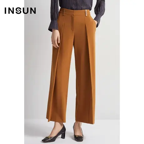 恩裳商场同款秋季简约叠褶立体感设计垂顺羊毛直筒休闲裤商品大图